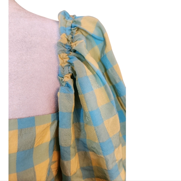 Zara Puff Sleeve Tie Back Midi Maxi Dress Blue and Yellow Checked Size Small - Picture 5 of 9